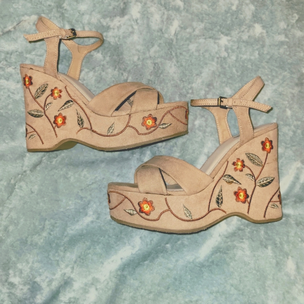MIA tan embroidered strappy wedge